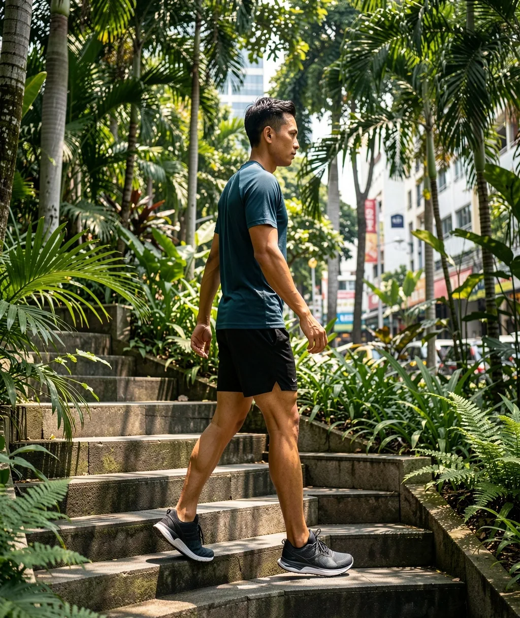 Functional movement on outdoor stairs in tropical Indonesia