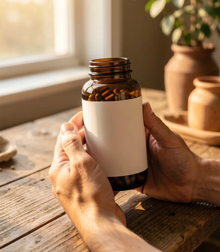 Holding a natural supplement bottle in morning light