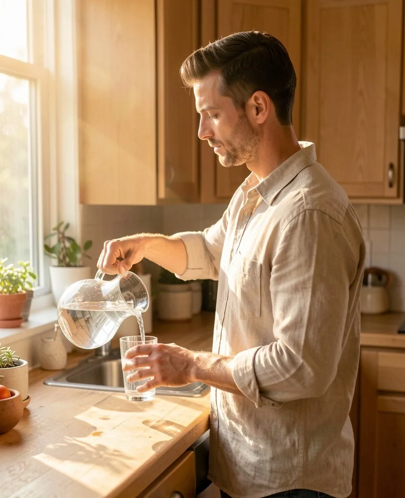Morning hydration ritual in a warm kitchen