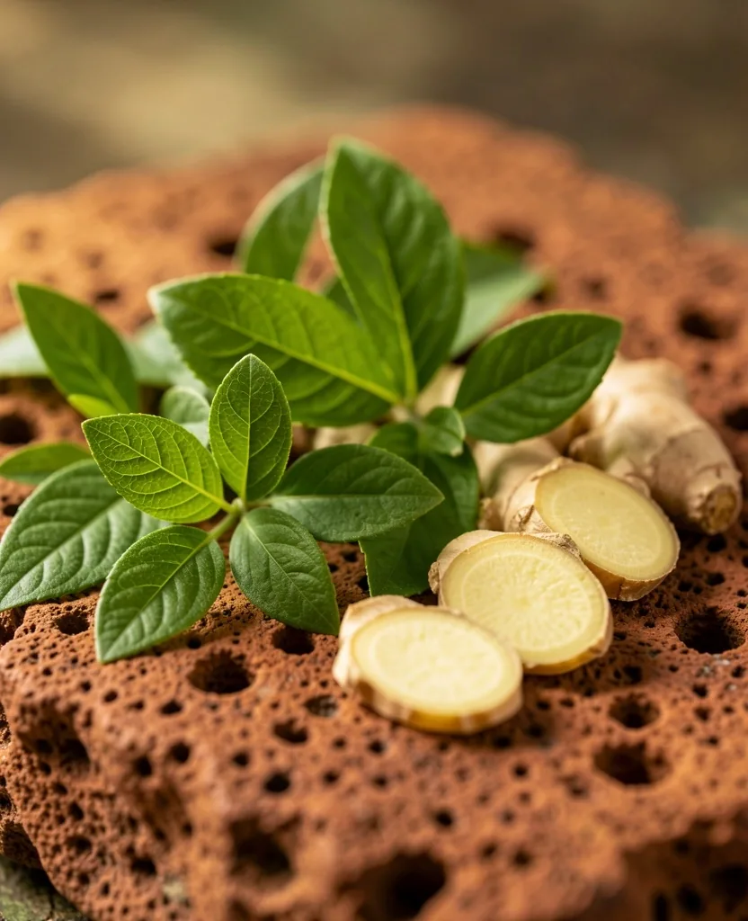 Botanical ingredients on stone surface
