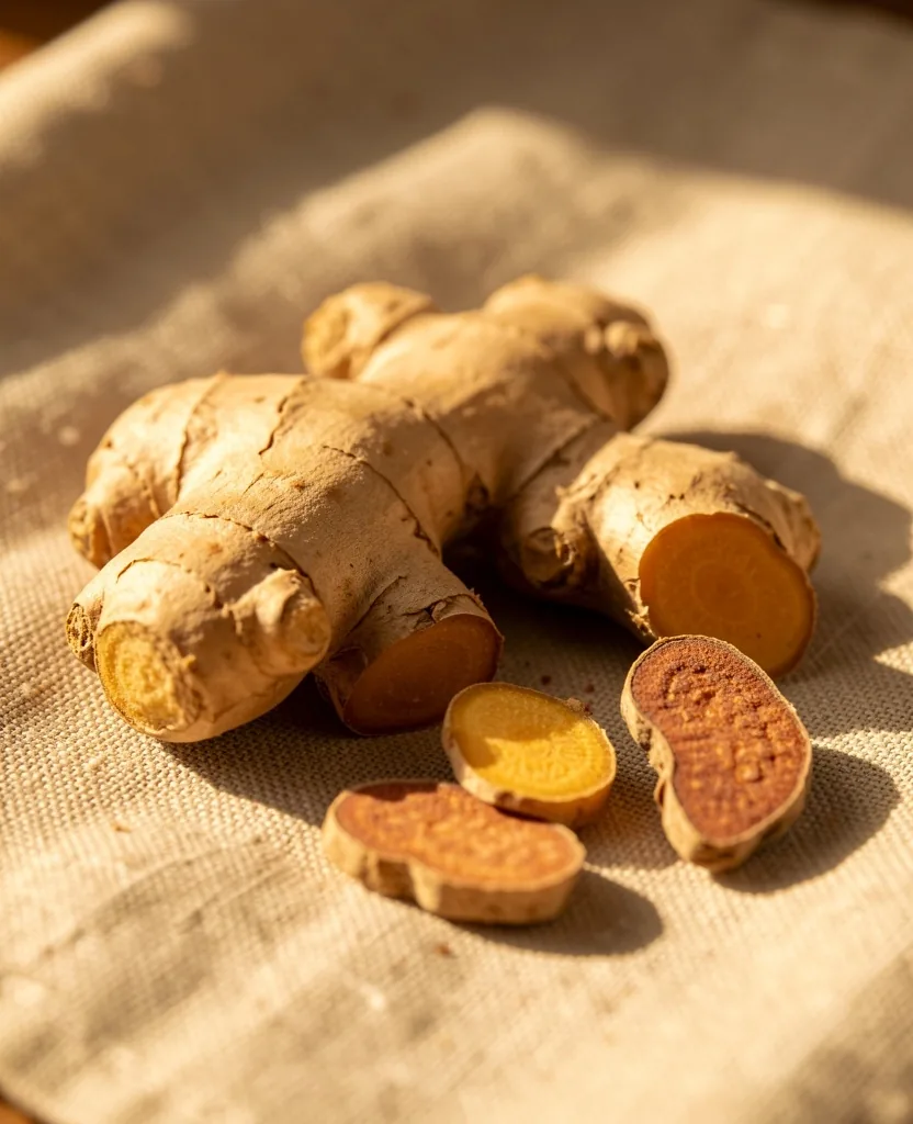 Ginger and maca root on linen