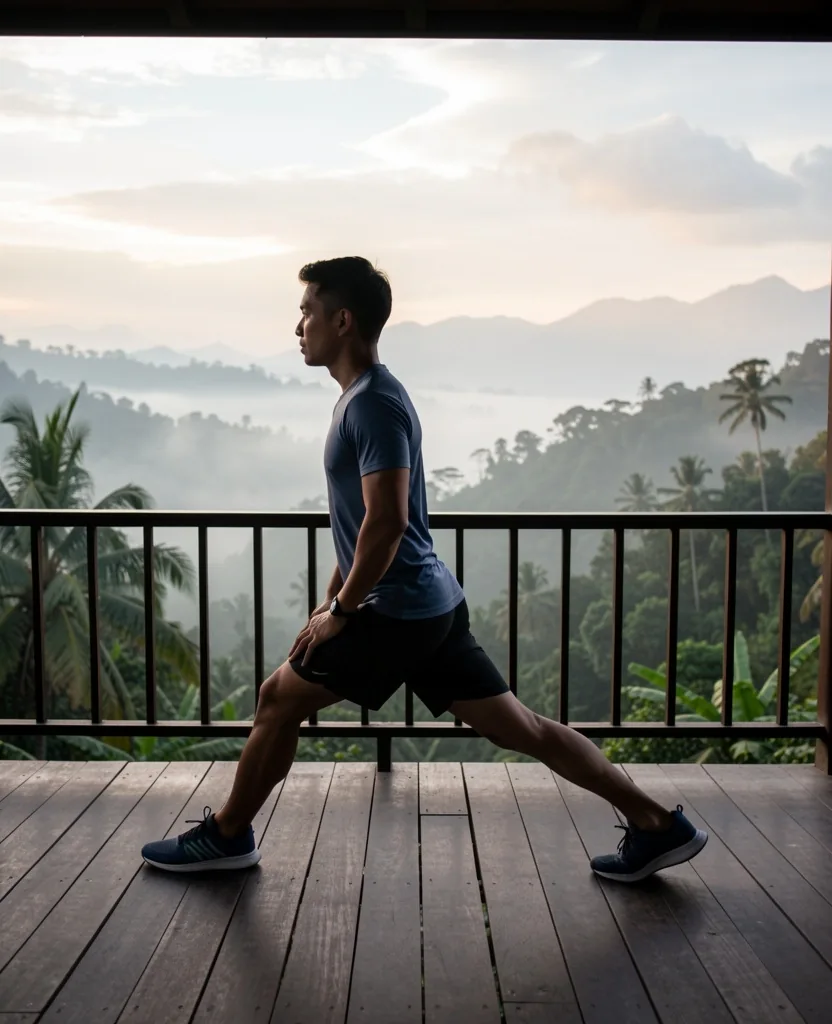 Man stretching on balcony at dawn
