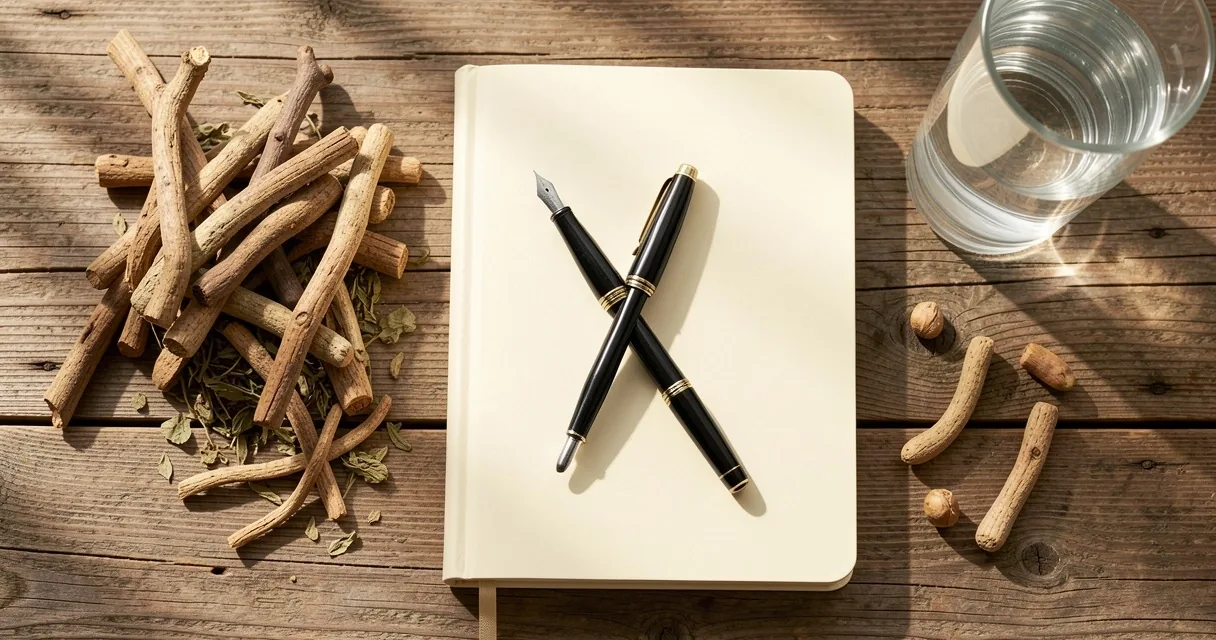 Hand writing in a notebook beside natural supplement bottles on a desk