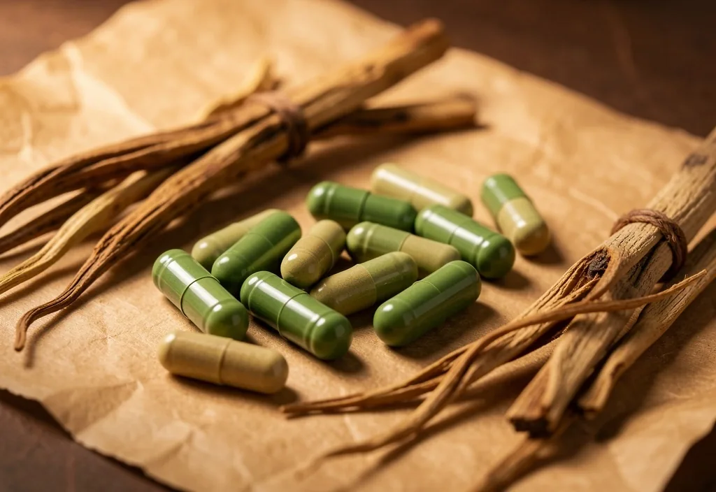 Natural supplement capsules and botanical ingredients arranged on a surface