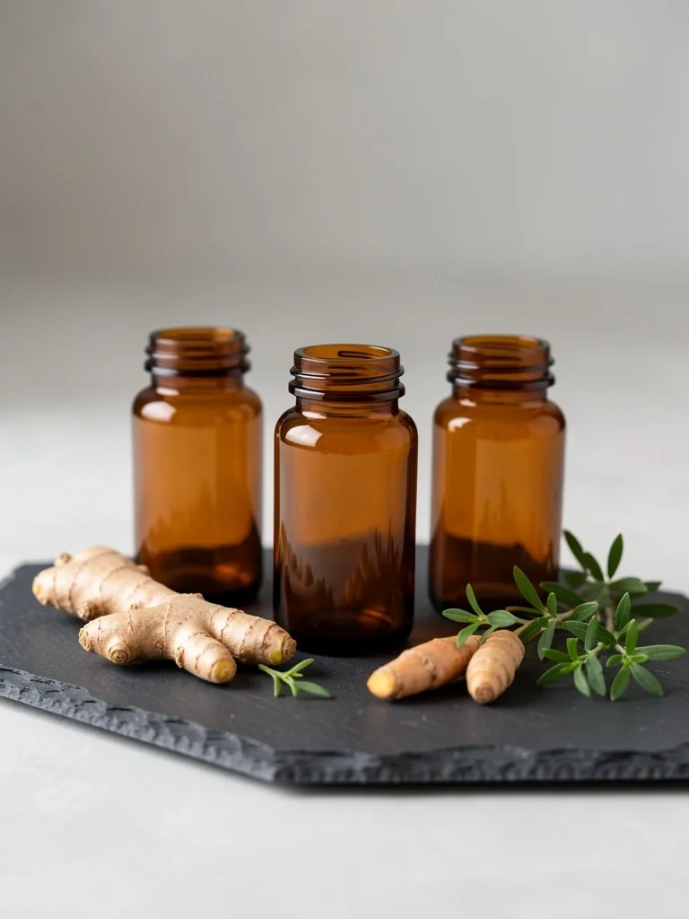 Natural supplement bottles with botanical ingredients on stone